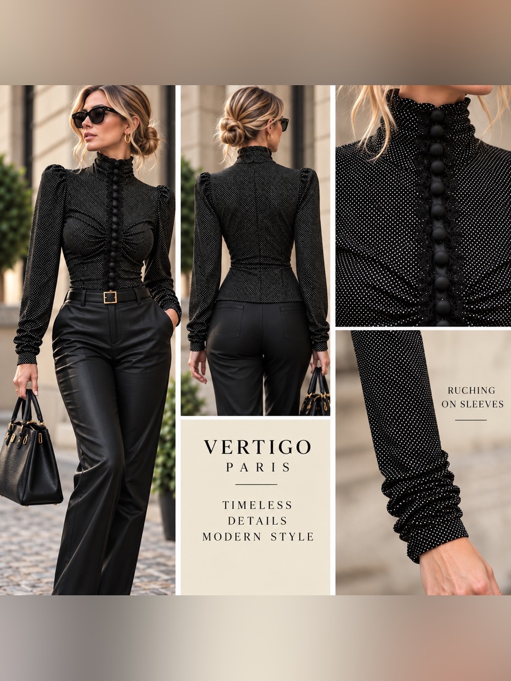 Vertigo Paris black & white micro polka dot blouse. Size:L NWT